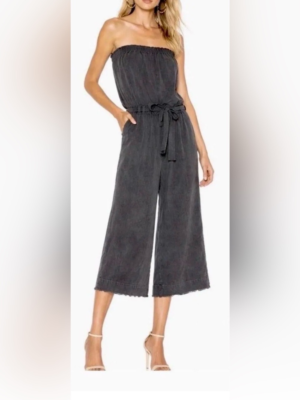 Anthropology Cloth & Stone Strapless Wide Leg Jumpsuit in Slate Gray